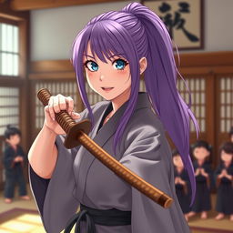 a young, mature sensei girl in a dojo setting, surrounded by her small students