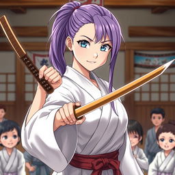 a young, mature sensei girl in a dojo setting, surrounded by her small students