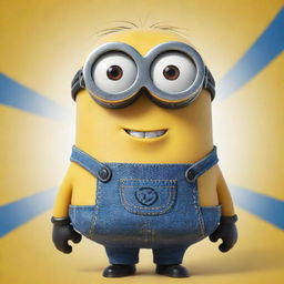 A cheerful, round-eyed minion with yellow skin, blue overalls, and a single goggle, standing against a bright, animated background.