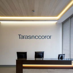 Entrance view of an office with a receptionist desk, a painting above it, a panelled wall to the right presenting a backlit Transcorp logo, and three single arm chairs.