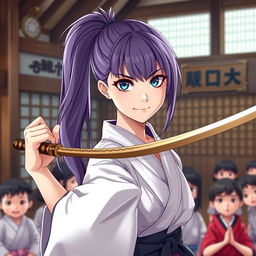 a young, mature sensei girl in a dojo setting, surrounded by her small students