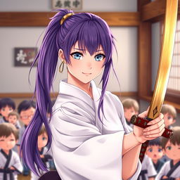 a young, mature sensei girl in a dojo setting, surrounded by her small students