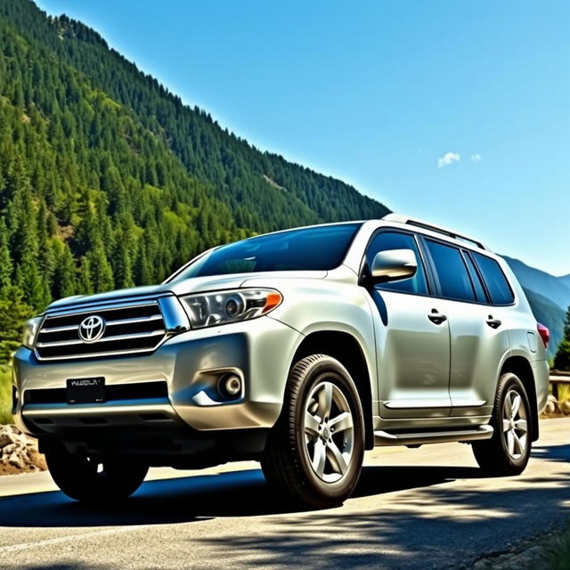 A realistic image of a silver 2009 Toyota Highlander, parked on a scenic mountain road with a background of lush green forests and clear blue skies