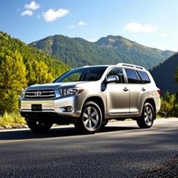 A realistic image of a silver 2009 Toyota Highlander, parked on a scenic mountain road with a background of lush green forests and clear blue skies