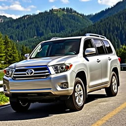 A realistic image of a silver 2009 Toyota Highlander, parked on a scenic mountain road with a background of lush green forests and clear blue skies