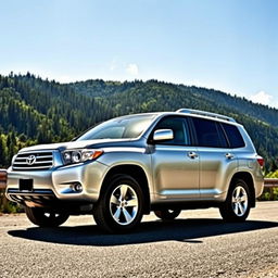 A realistic image of a silver 2009 Toyota Highlander, parked on a scenic mountain road with a background of lush green forests and clear blue skies