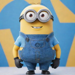 A cheerful, round-eyed minion with yellow skin, blue overalls, and a single goggle, standing against a bright, animated background.