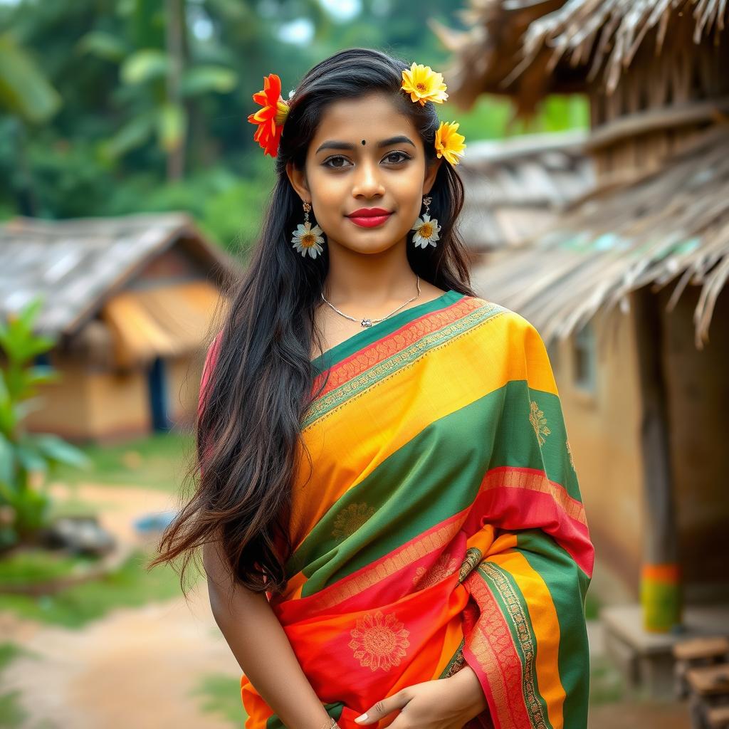 A beautiful village girl gracefully dressed in a vibrant, hot saree