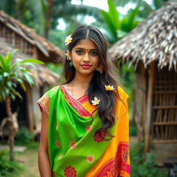 A beautiful village girl gracefully dressed in a vibrant, hot saree