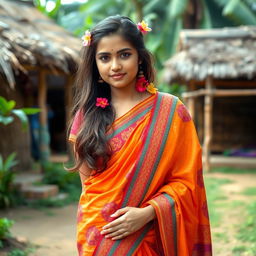 A beautiful village girl gracefully dressed in a vibrant, hot saree