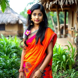 A beautiful village girl gracefully dressed in a vibrant, hot saree