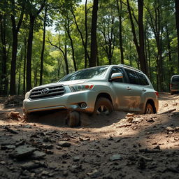 A realistic image of a silver 2009 Toyota Highlander stuck in soft mud in the middle of a lush, dense forest