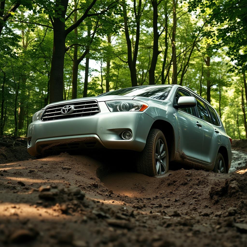 A realistic image of a silver 2009 Toyota Highlander stuck in soft mud in the middle of a lush, dense forest