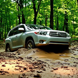 A realistic image of a silver 2009 Toyota Highlander stuck in soft mud in the middle of a lush, dense forest