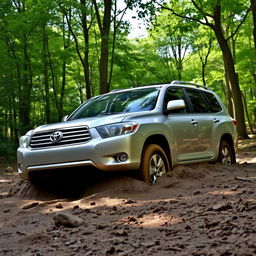 A realistic image of a silver 2009 Toyota Highlander stuck in soft mud in the middle of a lush, dense forest