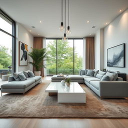 A sophisticated and contemporary interior design for a modern living room, featuring sleek furniture with clean lines, a luxuriously soft grey sectional sofa, a minimalist coffee table in gloss white, and elegant floor-to-ceiling windows that allow ample natural light