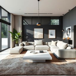 A sophisticated and contemporary interior design for a modern living room, featuring sleek furniture with clean lines, a luxuriously soft grey sectional sofa, a minimalist coffee table in gloss white, and elegant floor-to-ceiling windows that allow ample natural light