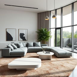 A sophisticated and contemporary interior design for a modern living room, featuring sleek furniture with clean lines, a luxuriously soft grey sectional sofa, a minimalist coffee table in gloss white, and elegant floor-to-ceiling windows that allow ample natural light