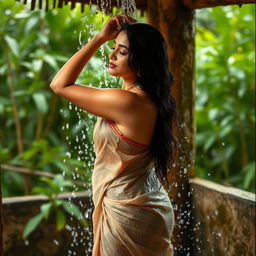 An alluring Indian bhabi taking a shower, with water gracefully cascading over her silhouette