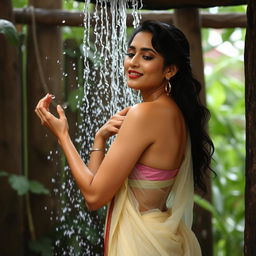 An alluring Indian bhabi taking a shower, with water gracefully cascading over her silhouette