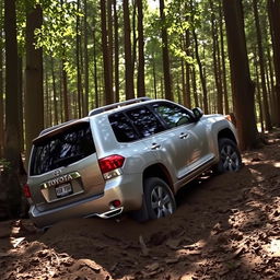 A realistic image of a silver 2009 Toyota Highlander stuck in soft ground in the middle of a dense forest