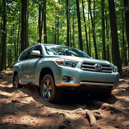 A realistic image of a silver 2009 Toyota Highlander stuck in soft ground in the middle of a dense forest