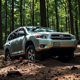 A realistic image of a silver 2009 Toyota Highlander stuck in soft ground in the middle of a dense forest