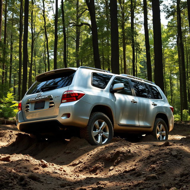 A realistic image of a silver 2009 Toyota Highlander stuck in soft ground in the middle of a dense forest