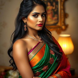 A sensually posed Indian woman with traditional attire that tastefully highlights her beauty and allure