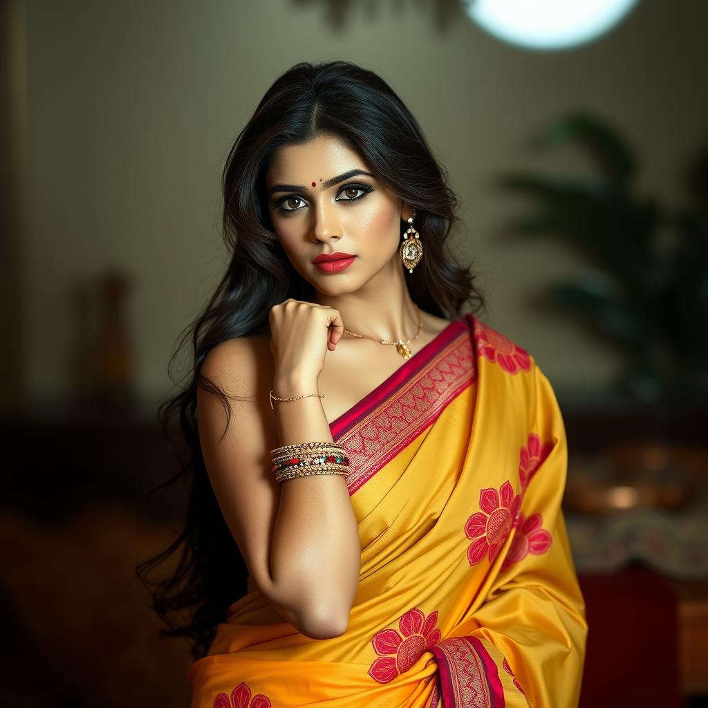 A sensually posed Indian woman with traditional attire that tastefully highlights her beauty and allure