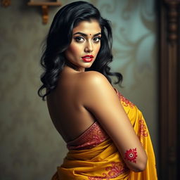 A sensually posed Indian woman with traditional attire that tastefully highlights her beauty and allure