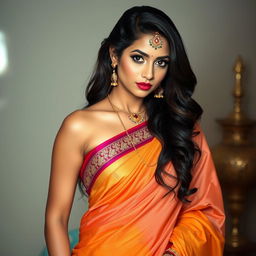 A sensually posed Indian woman with traditional attire that tastefully highlights her beauty and allure