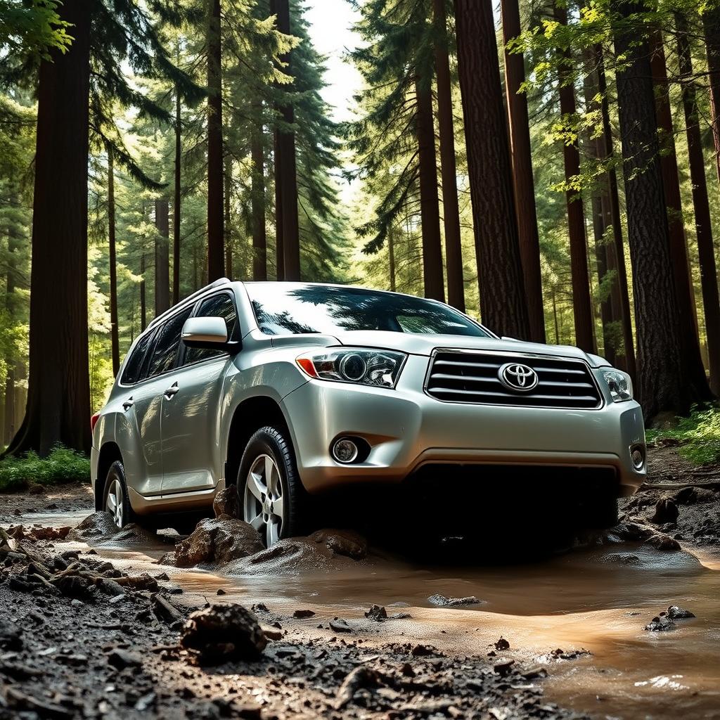 A realistic image of a silver 2009 Toyota Highlander stuck in soft, slippery mud in the middle of a dense forest