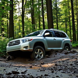 A realistic image of a silver 2009 Toyota Highlander stuck in soft, slippery mud in the middle of a dense forest