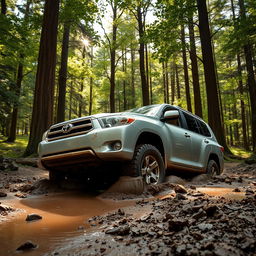 A realistic image of a silver 2009 Toyota Highlander stuck in soft, slippery mud in the middle of a dense forest