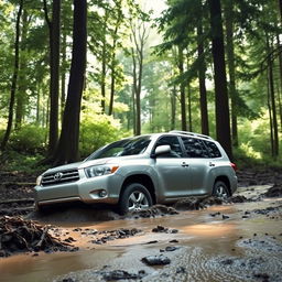 A realistic image of a silver 2009 Toyota Highlander stuck in soft, slippery mud in the middle of a dense forest