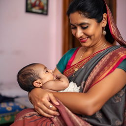 A nurturing scene featuring an Indian woman in traditional attire breastfeeding her baby, showcasing the beauty of motherhood