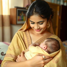 A nurturing scene featuring an Indian woman in traditional attire breastfeeding her baby, showcasing the beauty of motherhood