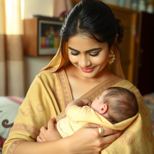 A nurturing scene featuring an Indian woman in traditional attire breastfeeding her baby, showcasing the beauty of motherhood