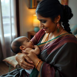 A nurturing scene featuring an Indian woman in traditional attire breastfeeding her baby, showcasing the beauty of motherhood