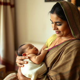 A nurturing scene featuring an Indian woman in traditional attire breastfeeding her baby, showcasing the beauty of motherhood