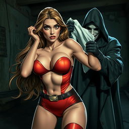 A sexy superheroine with long flowing hair and a tight, vibrant costume struggles as a masked villain approaches from behind with a chloroform cloth