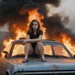 A brave girl nonchalantly perched on the roof of a car engulfed in dramatic, harmless flames with a defiant look on her face.