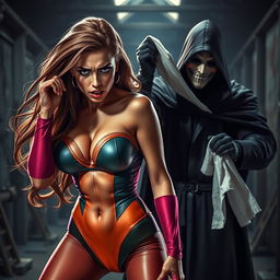 A sexy superheroine with long flowing hair and a tight, vibrant costume struggles as a masked villain approaches from behind with a chloroform cloth