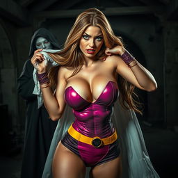 A sexy superheroine with long flowing hair and a tight, vibrant costume struggles as a masked villain approaches from behind with a chloroform cloth