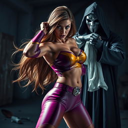 A sexy superheroine with long flowing hair and a tight, vibrant costume struggles as a masked villain approaches from behind with a chloroform cloth