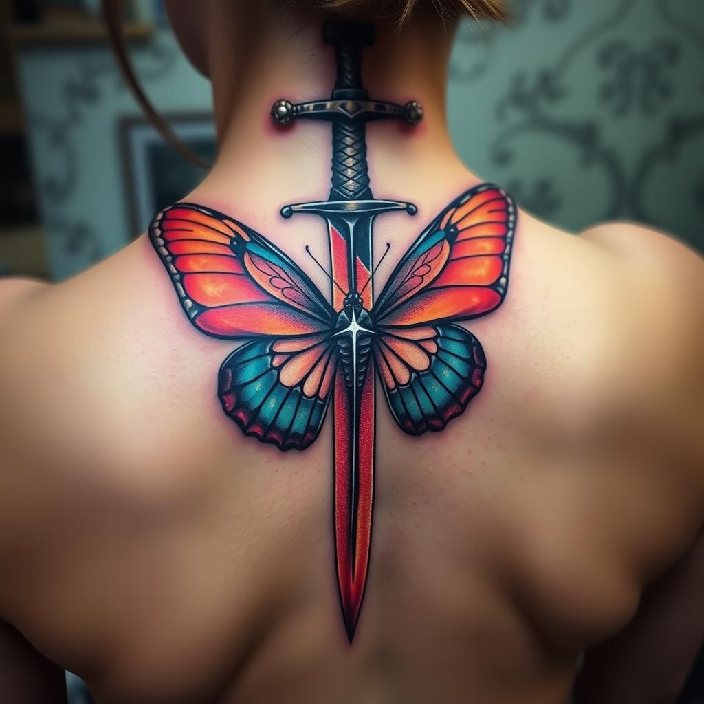 A stunning spine tattoo depicting a sword with butterfly wings beautifully emerging from its blade, perfectly placed along the spine