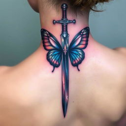 A stunning spine tattoo depicting a sword with butterfly wings beautifully emerging from its blade, perfectly placed along the spine