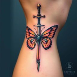 A stunning spine tattoo depicting a sword with butterfly wings beautifully emerging from its blade, perfectly placed along the spine