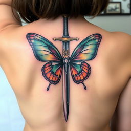 A stunning spine tattoo depicting a sword with butterfly wings beautifully emerging from its blade, perfectly placed along the spine